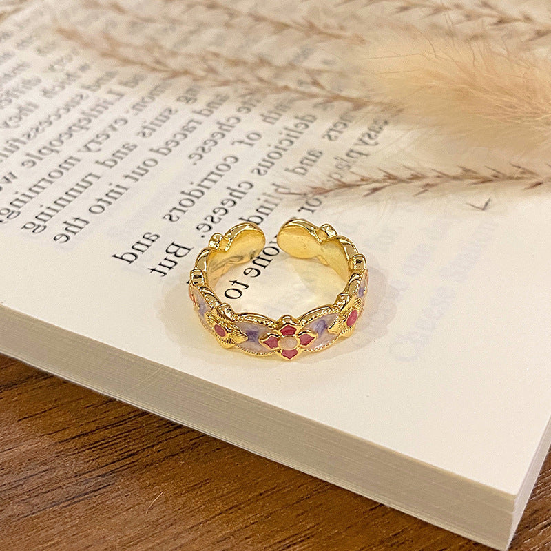 Wholesale Flower bud colored enamel drip pattern ring