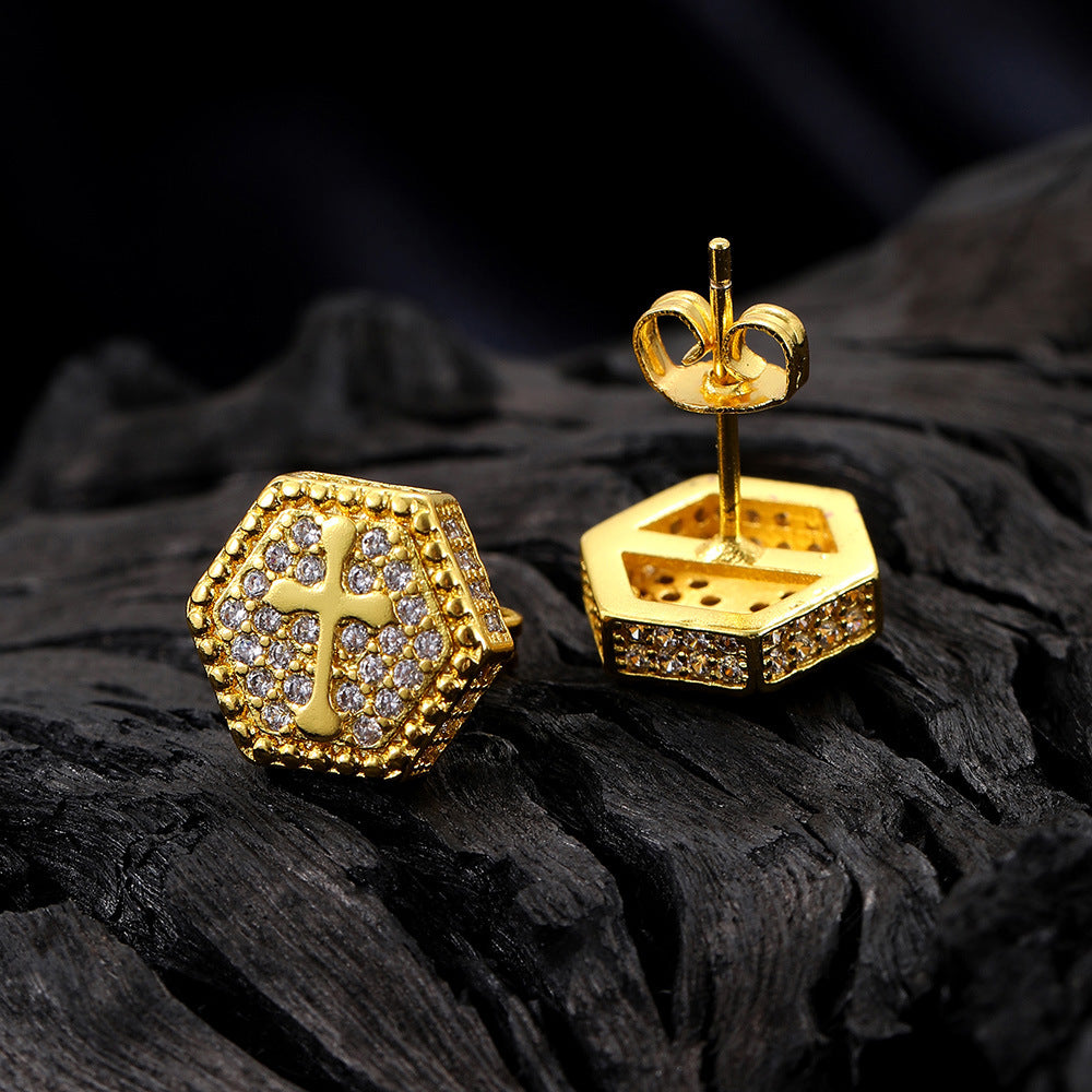 Wholesale Cross Zircon Gold Plated Hip Hop Men's Earrings