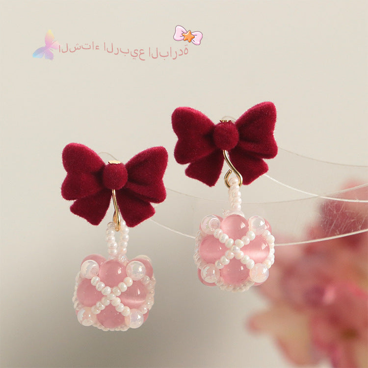 Wholesale Autumn and Winter Burgundy Bow Rice Bead Earrings