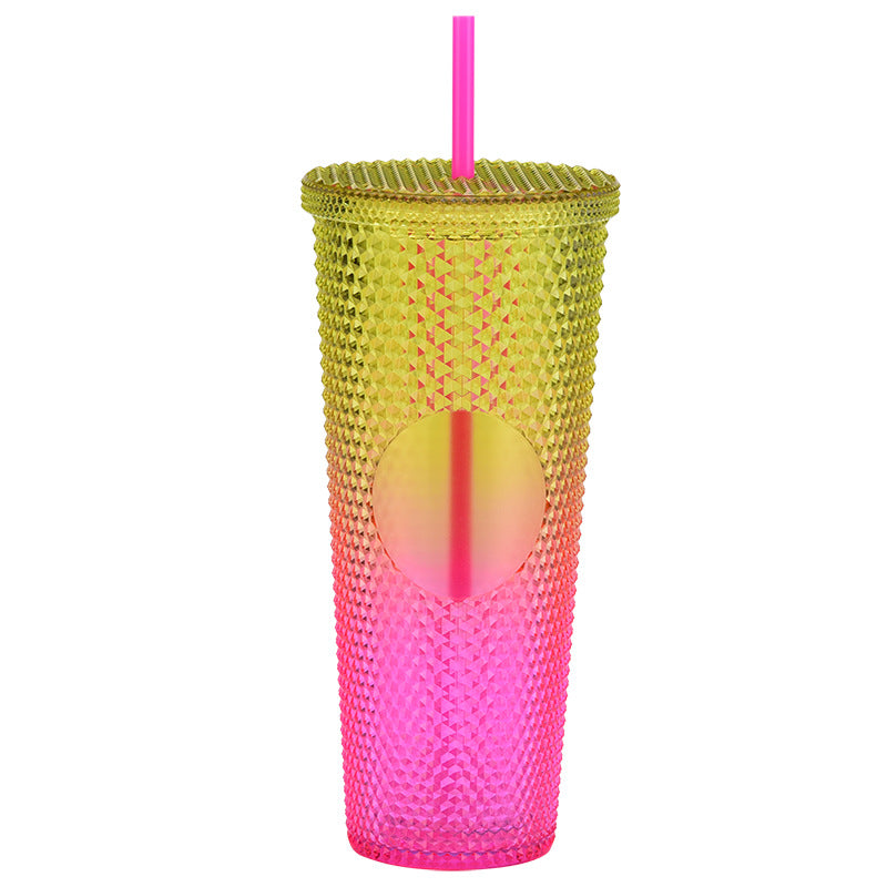 Wholesale Double-layer Plastic 710ml Durian Prick Hand Luminous Color Changing Rainbow Gradient Straw Cup