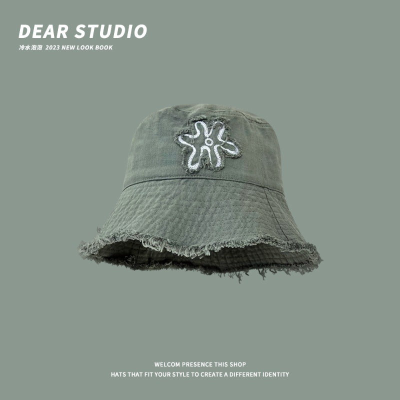 Wholesale Flower Embroidered Raw Edge Thin Bucket Hat