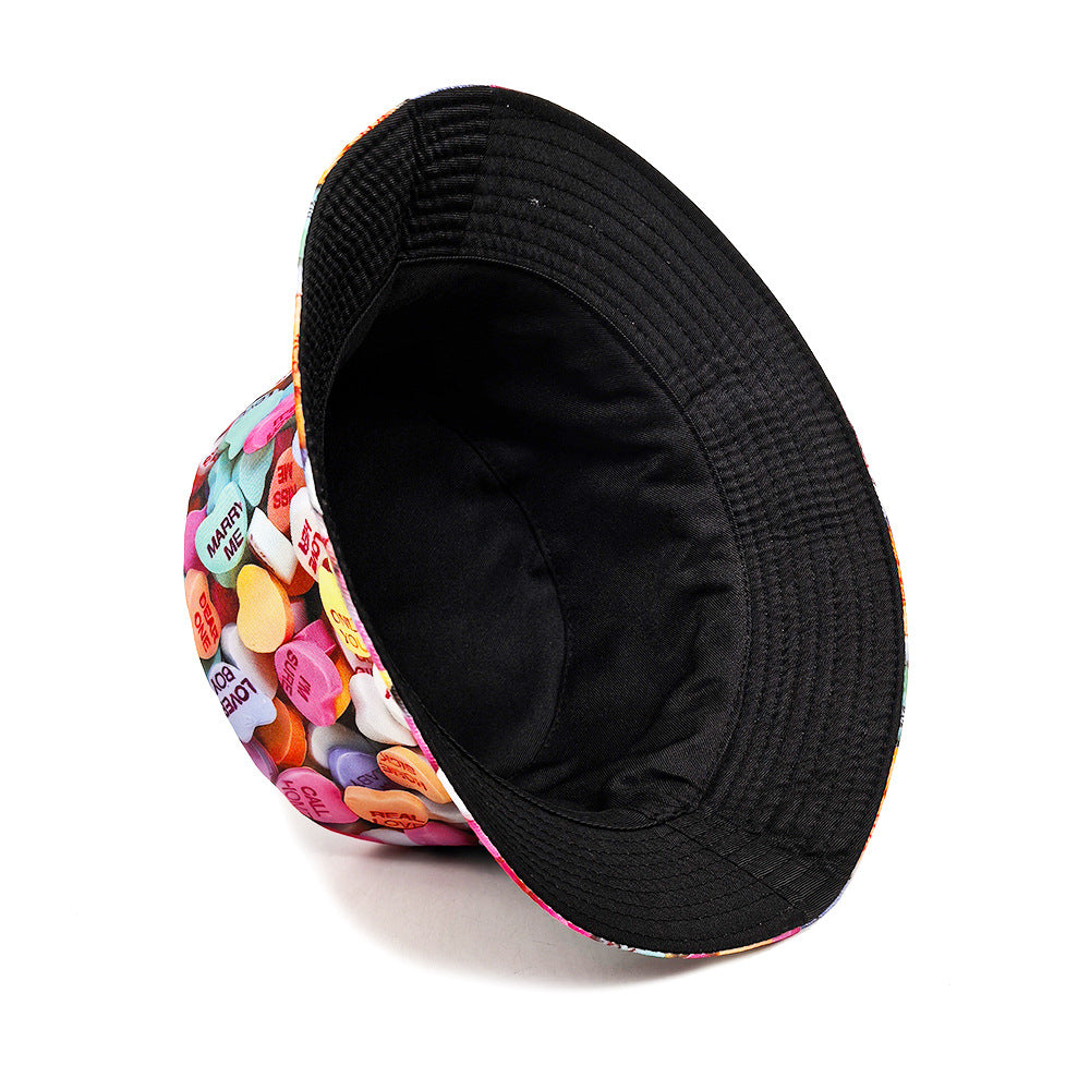 Wholesale Valentine's Day Love Candy Printed Fisherman Hat Couple Outdoor Sun Hat Children's All-match Double-sided Basin Hat