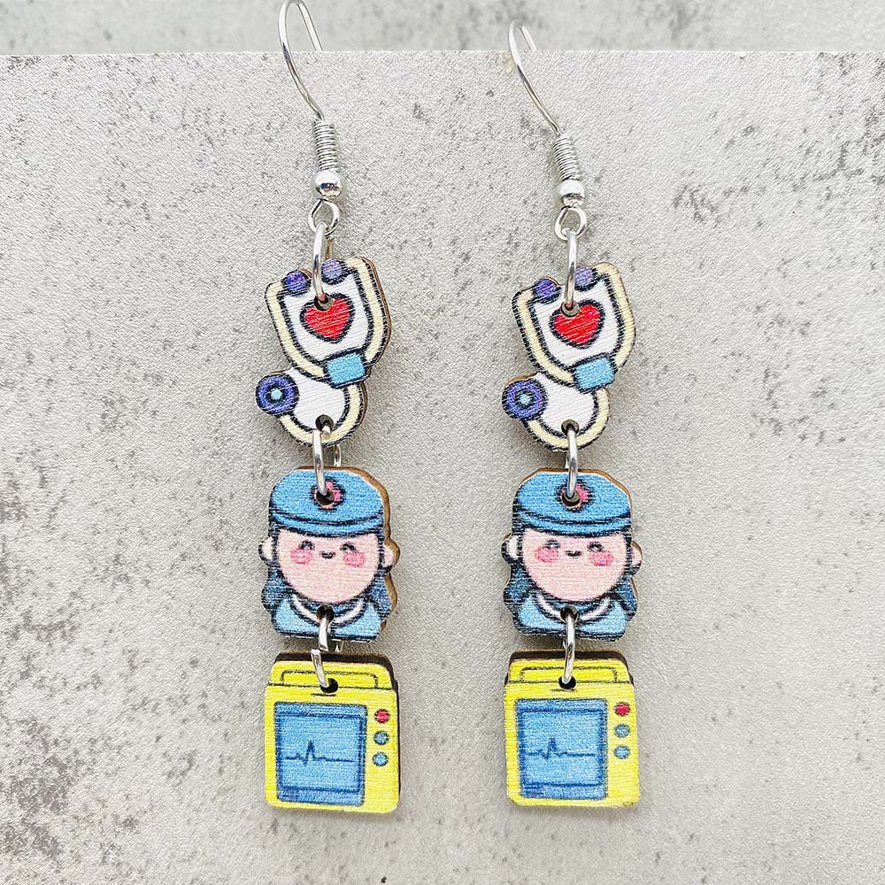 Wholesale Nurse Day Earrings Nurse Uniform Stethoscope Love Pill Wooden Earrings