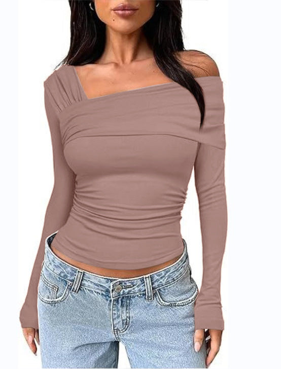 Wholesale One-shoulder Long-sleeved Pleated Outing Slim-fit Top