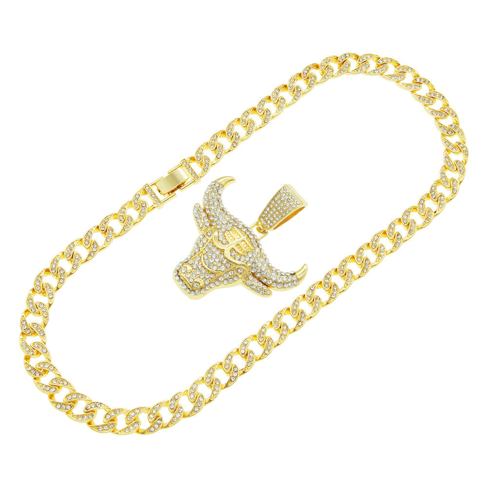 Wholesale Hip-Hop 3D Diamond Bull Head Necklace