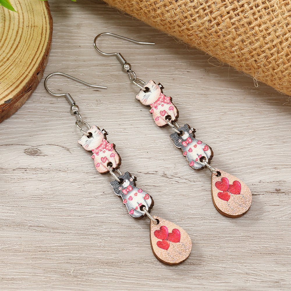 Wholesale Valentine's Day Printed Kitten Water Droplets Wooden Earrings