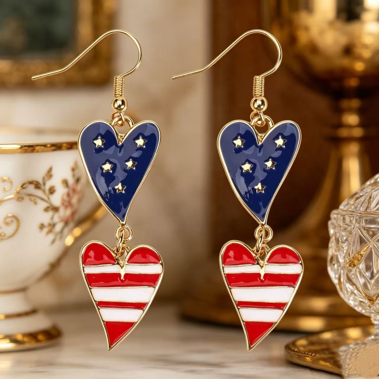 Wholesale Patriotic Star Heart Earrings For Women Red White Blue Rhinestone Alloy Independence Day Fashion Jewelry Accessory Gift