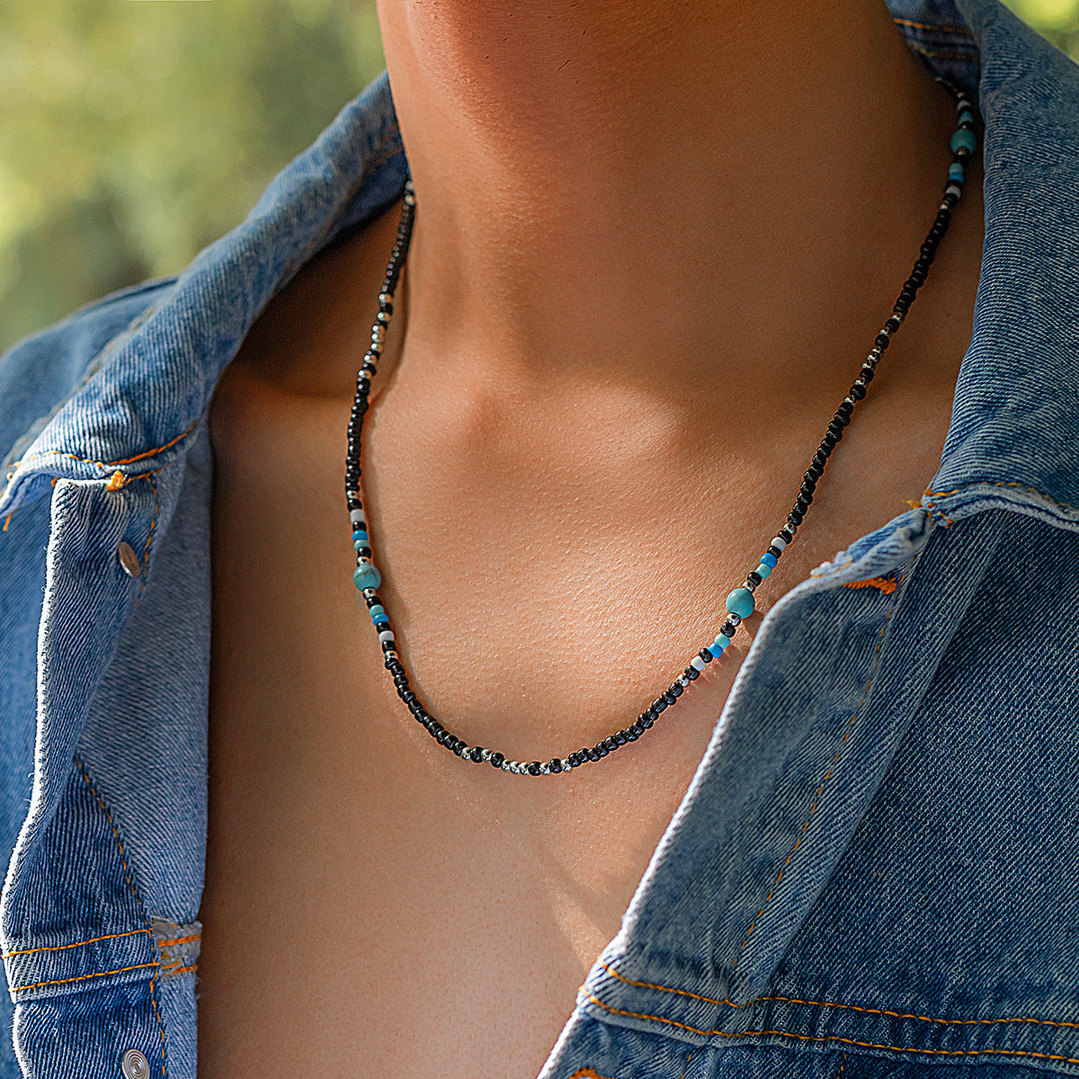 Wholesale Bohemian rice bead necklace men's turquoise clavicle necklace
