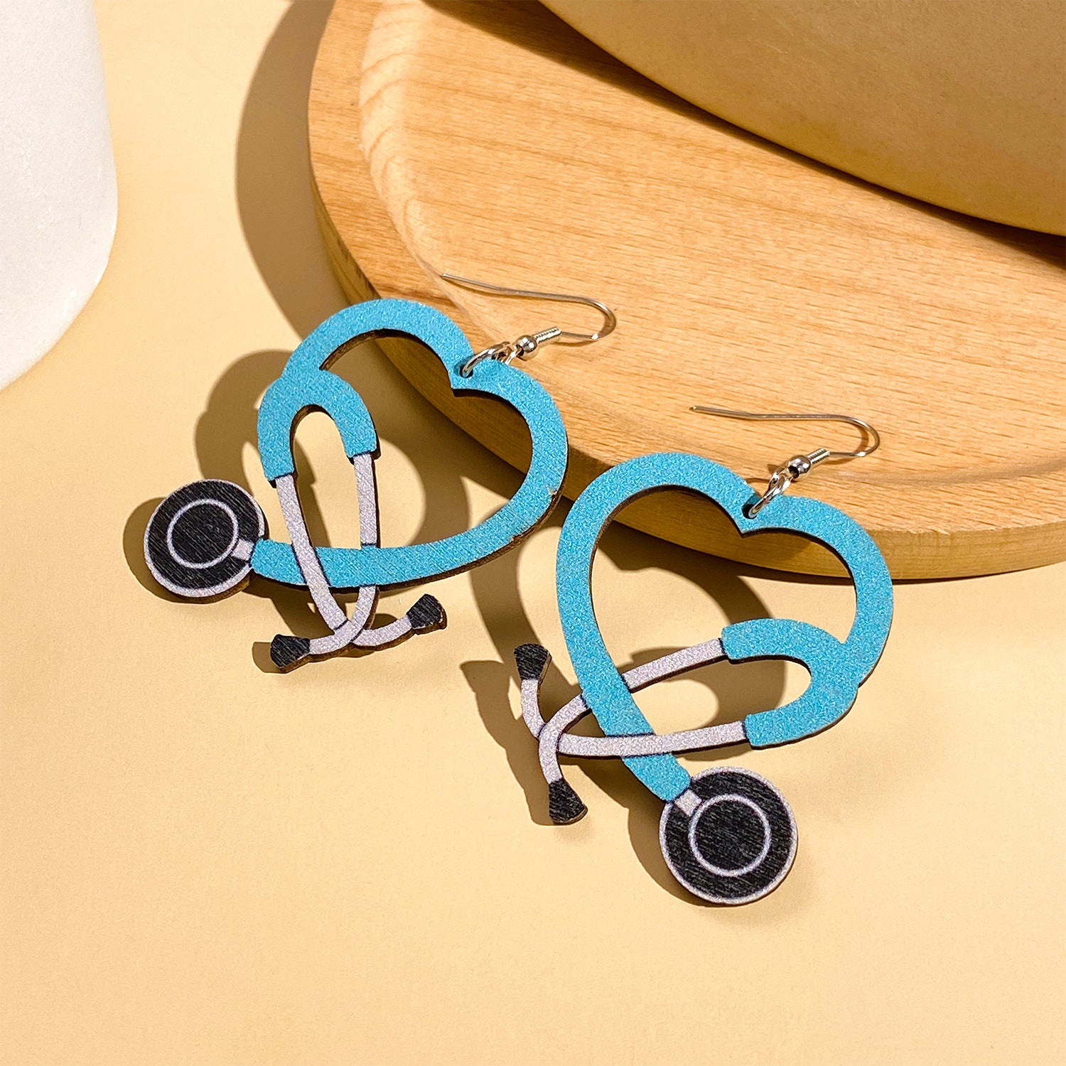 Wholesale Color Stethoscope Shaped Wooden Heart Earrings