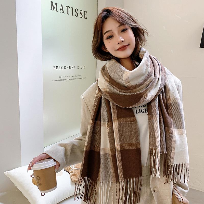 Wholesale Korean Version Winter Imitation Cashmere Retro Grid Japanese Tassel Shawl Warm Scarf