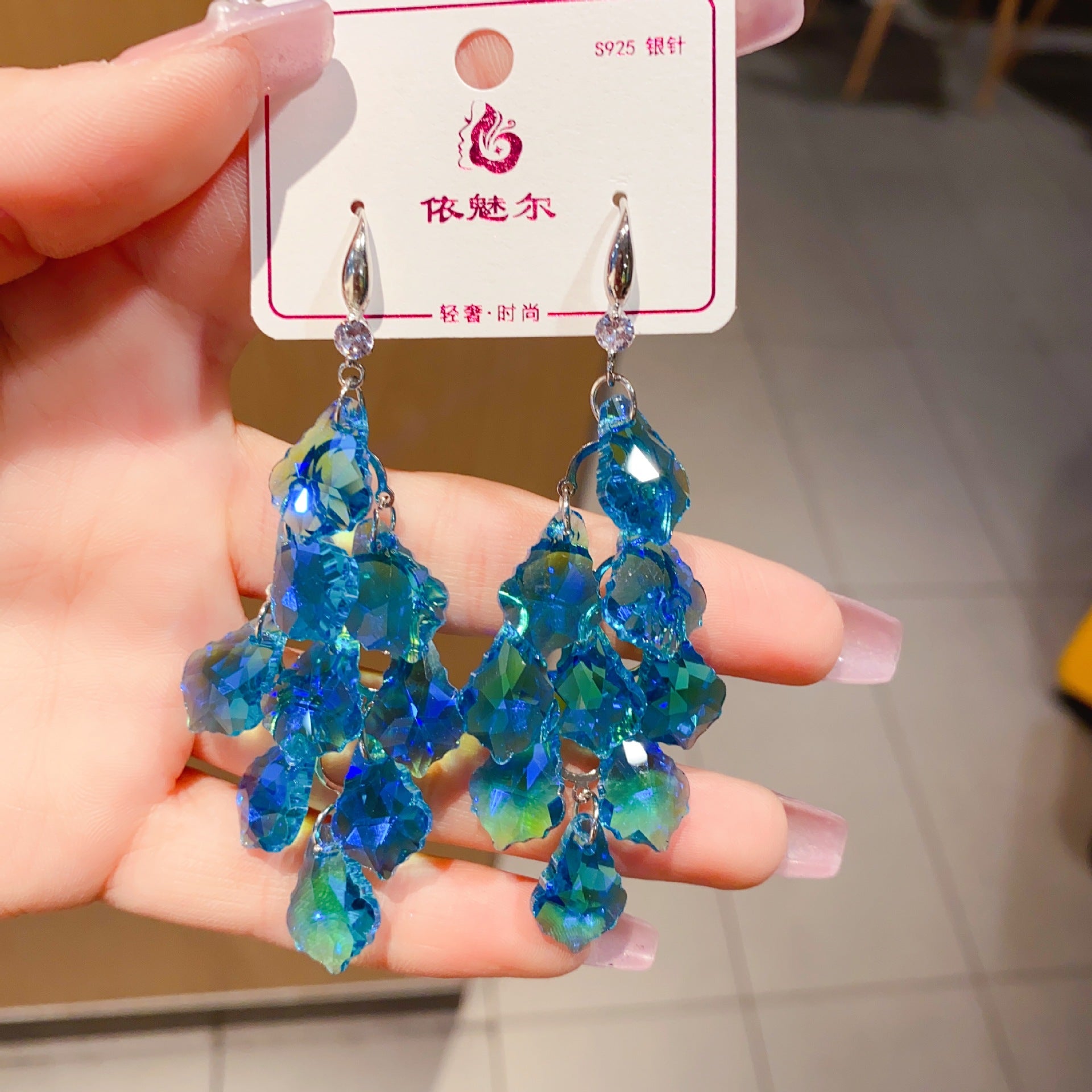 Wholesale 925 Silver Needle Exaggerated Crystal Earrings Simple Long Earrings