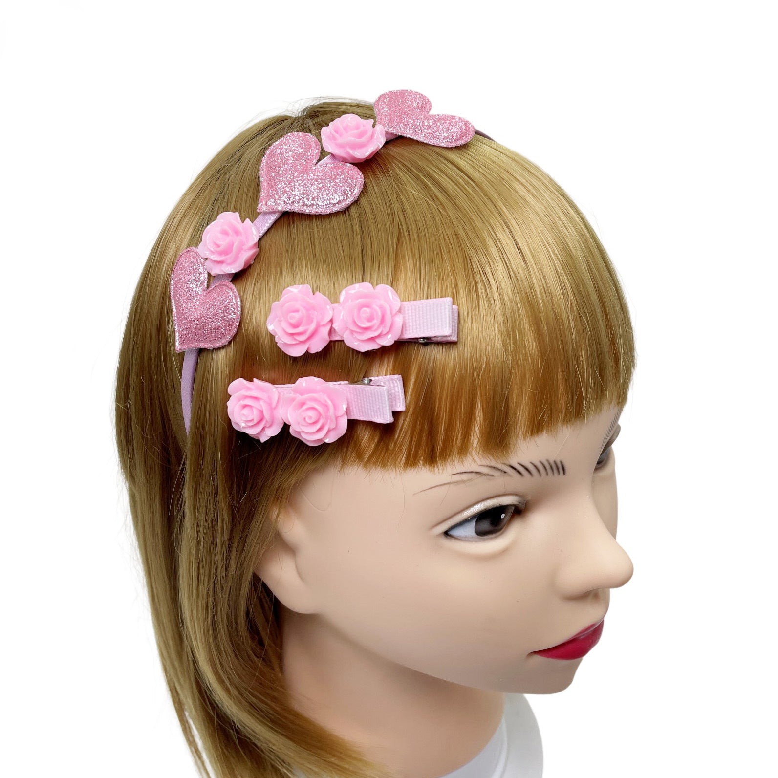 Wholesale pink love headdress suit Valentine's Day Sequined Love headband children's resin rose hairpin hair accessories