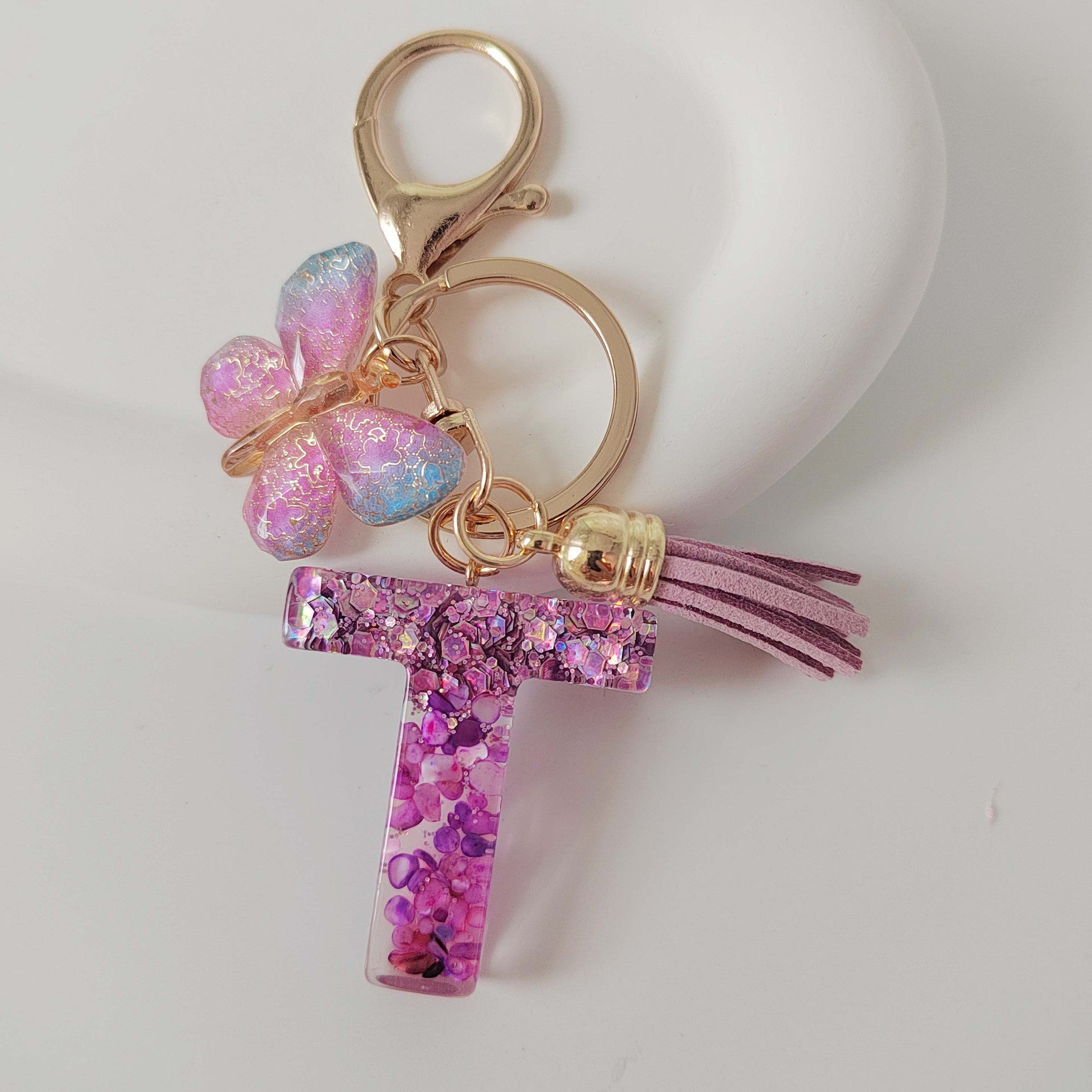 Wholesale Purple Illusion Color Double Glue Letter Glitter Tassel Keychain