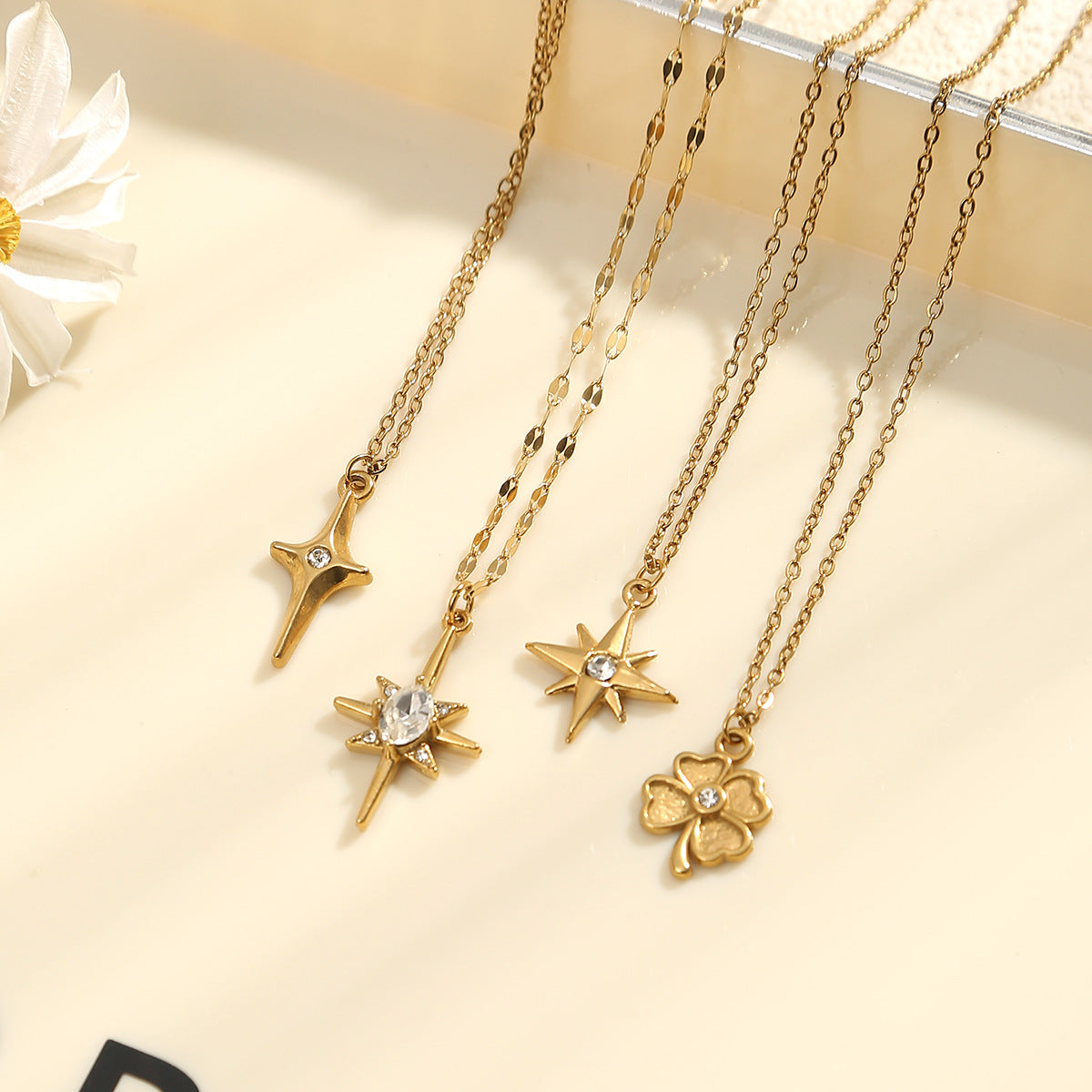 Wholesale Golden Clover Cross Hexagram Diamond Stainless Steel Necklace