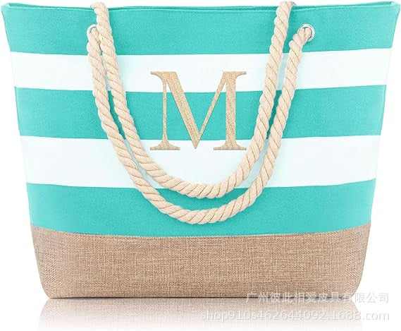 Wholesale Letter Canvas Striped Beach Handbag Zipper Multi-pocket Tote Bag