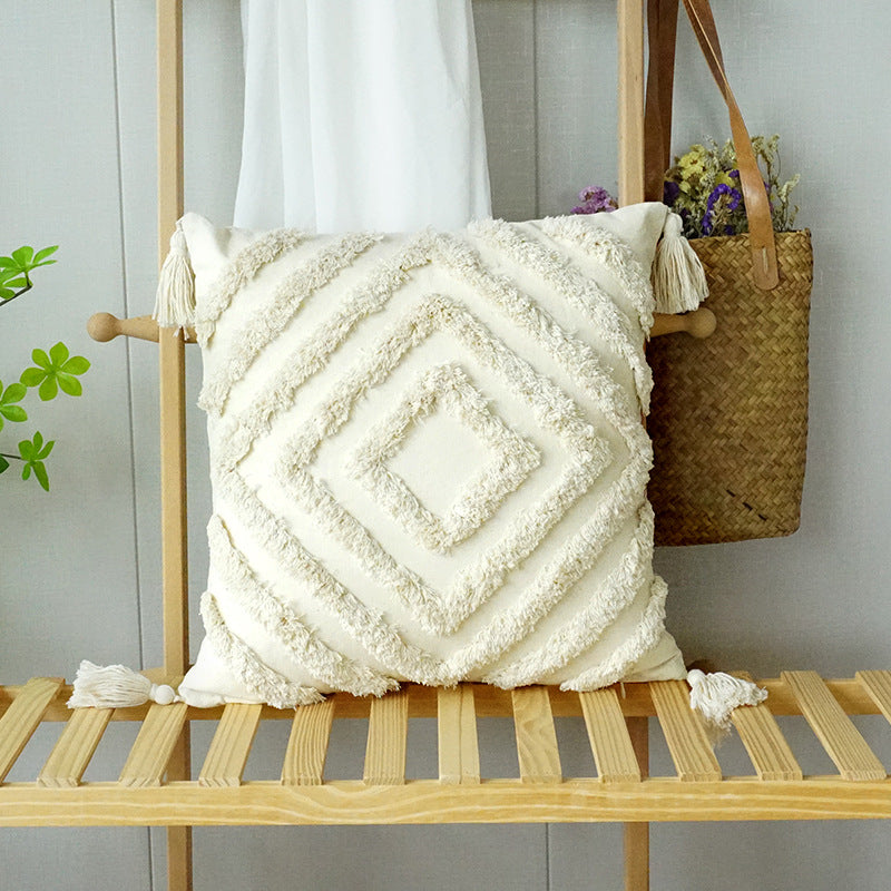 Wholesale Canvas Diamond Bohemian Tufted Fringed Throw Pillow Cover