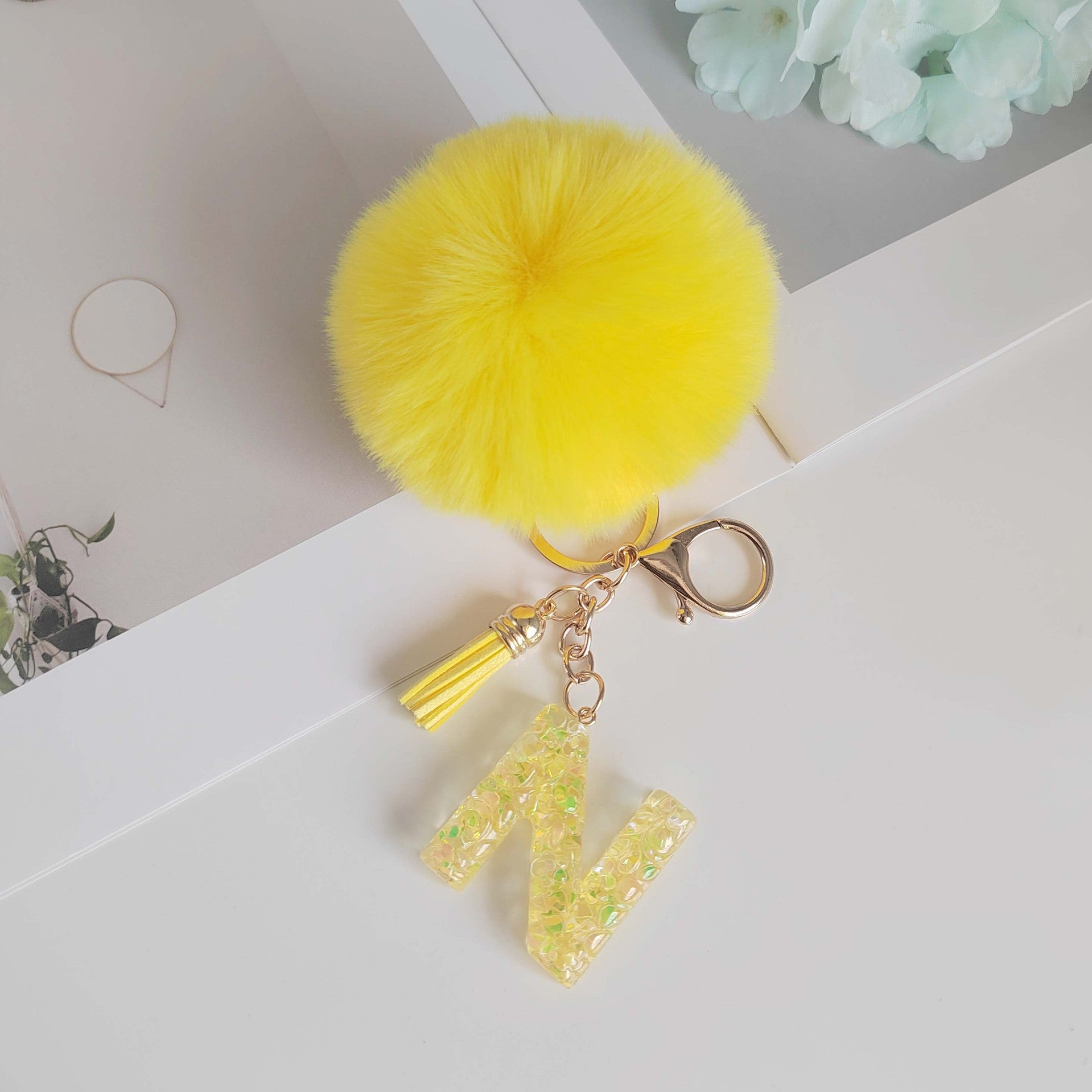 Wholesale Yellow letter ball pendant flower shaped letter keychain
