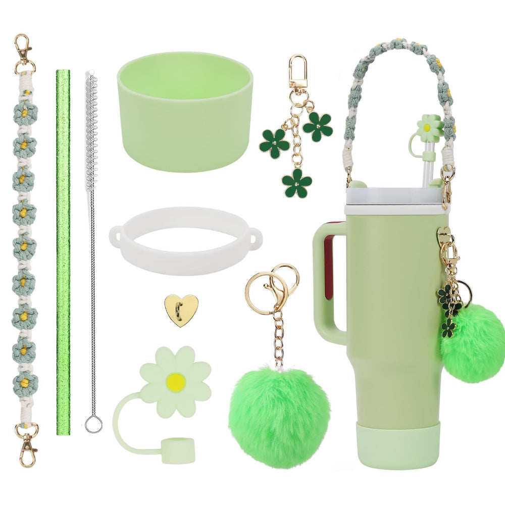 Wholesale Colorful straw accessories handmade cup chain plush love flower set