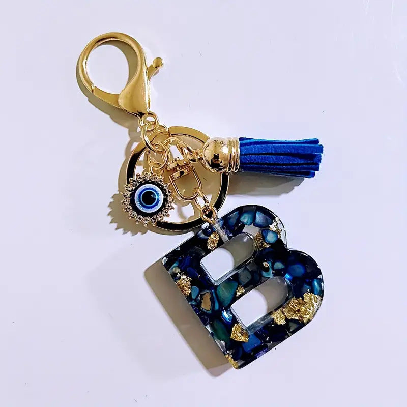 Wholesale Blue English letter Evil Eye tassel keychain