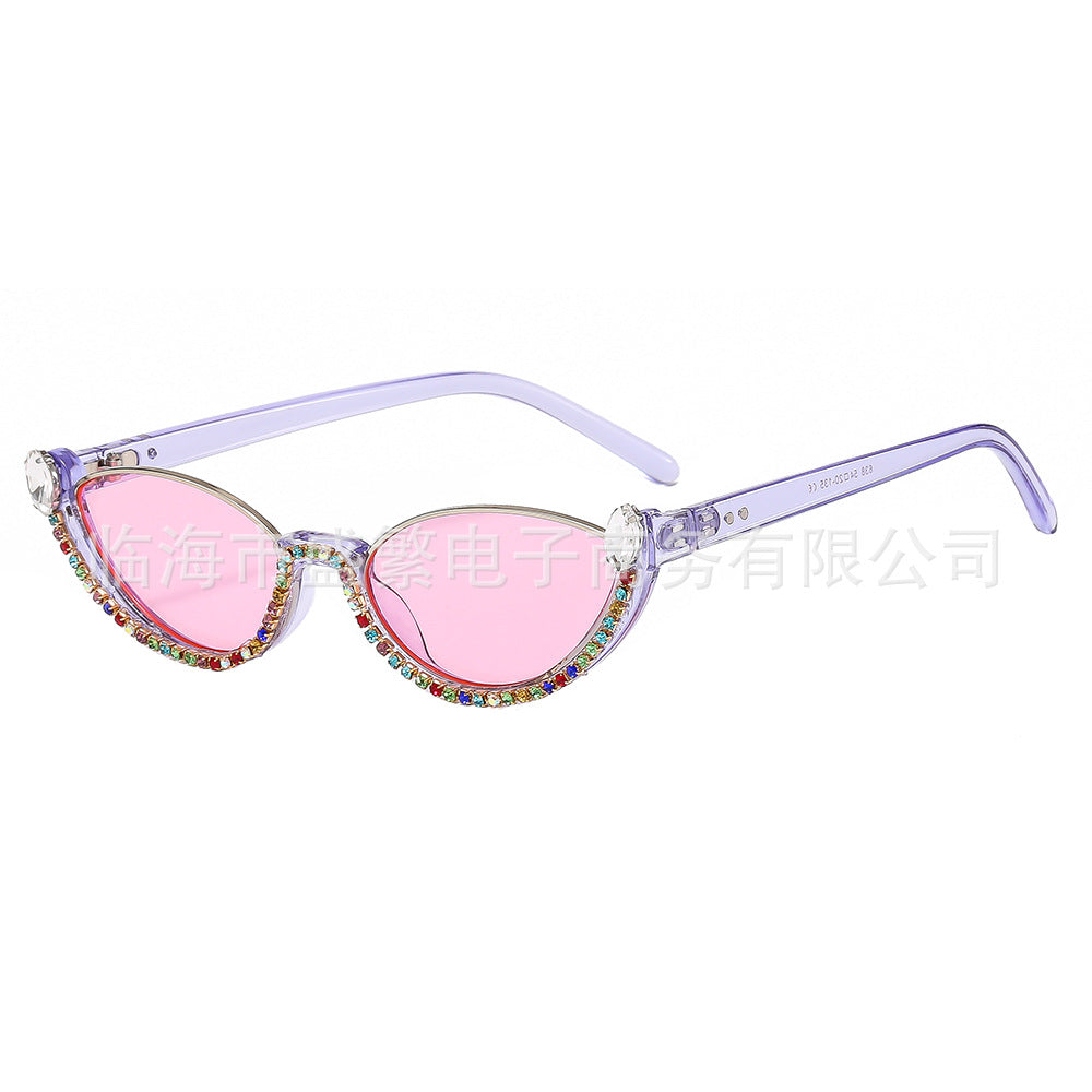 Wholesale Diamond studded flower cat eye ball flat sunglasses