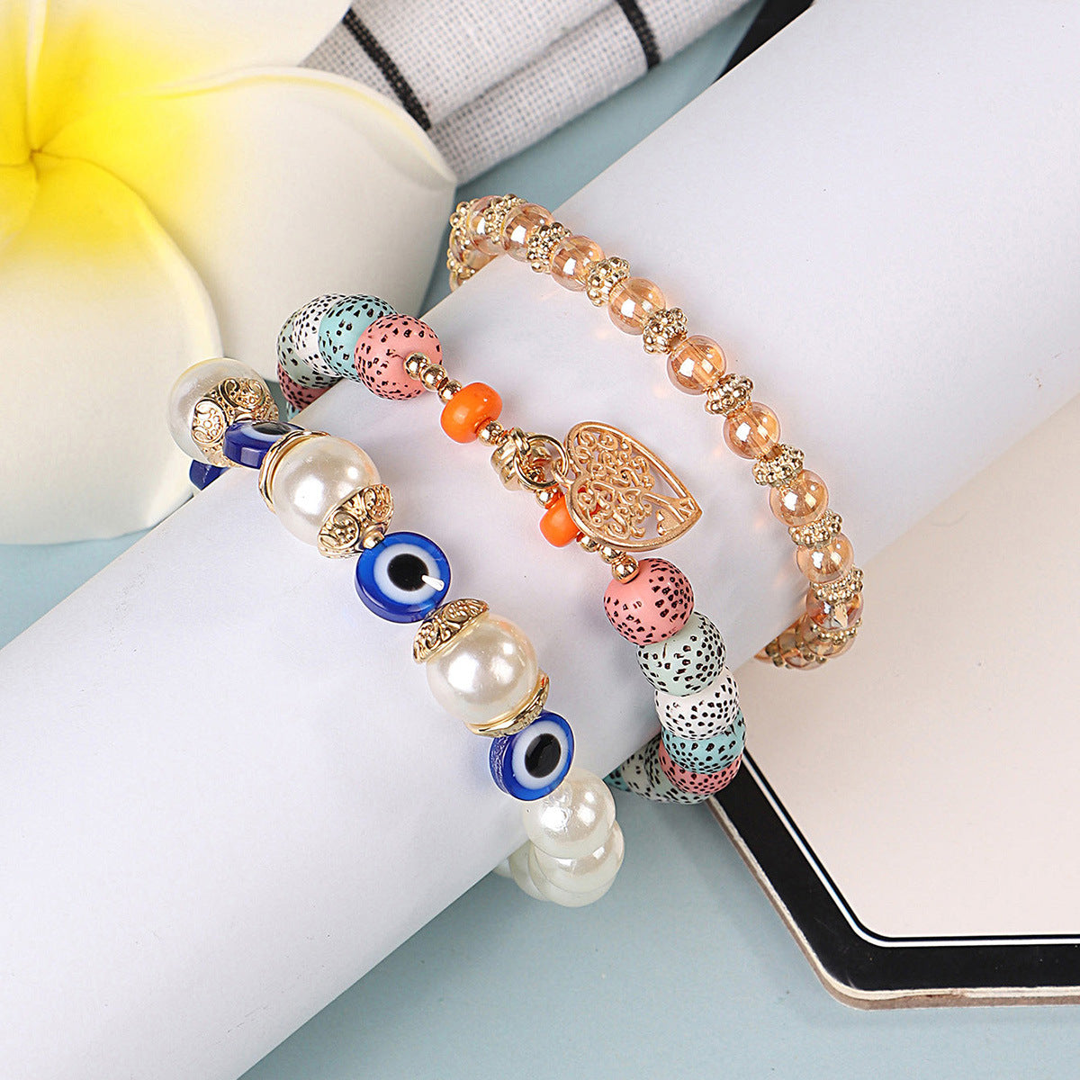 Wholesale Bohemian Eye Tree of Life Pendant Multi Layered Pendant Glass Elastic Bracelet