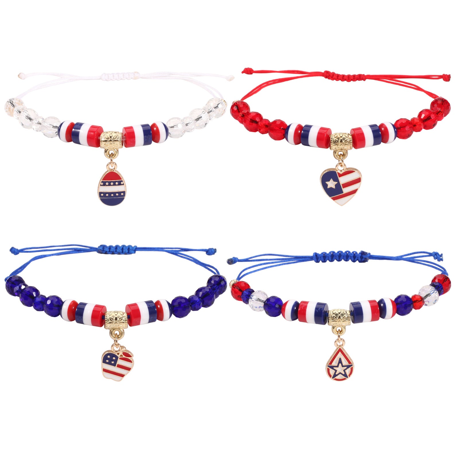 Wholesale Independence Day Braided Adjustable Heart Five-pointed Star Butterfly Red White and Blue Bracelet