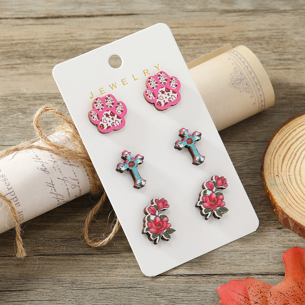 Wholesale Valentine's Day Cat Claw Cross Rose Wooden Earrings