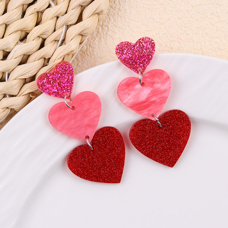 Wholesale Sweet Valentine' s Day Glitter Long Heart Acrylic Earrings