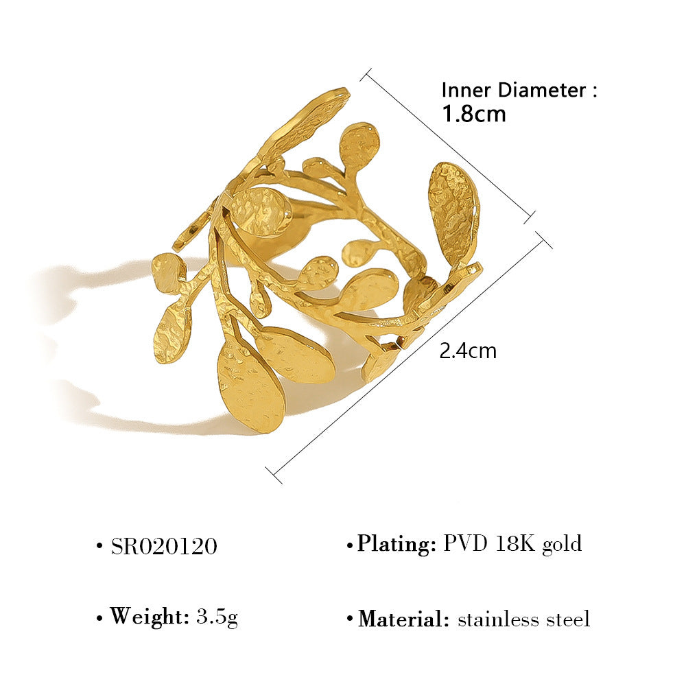 Wholesale rainbow zircon leaf ring women' s 18K gold titanium steel open ring