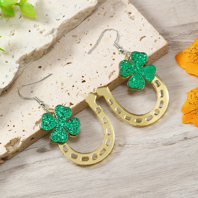Wholesale St.Patrick's Day clover love flow sequins horseshoe hollow Carnival earrings