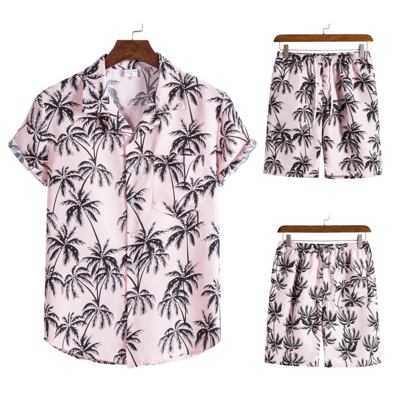 Wholesale Men's Short Sleeve Set Hawaiian Beach Wind Print Short Sleeve Shorts