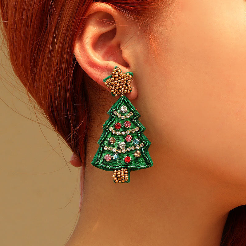 Wholesale Christmas Tree Fabric Handmade Rice Beads Creative Design Beads Christmas Fashion Earrings