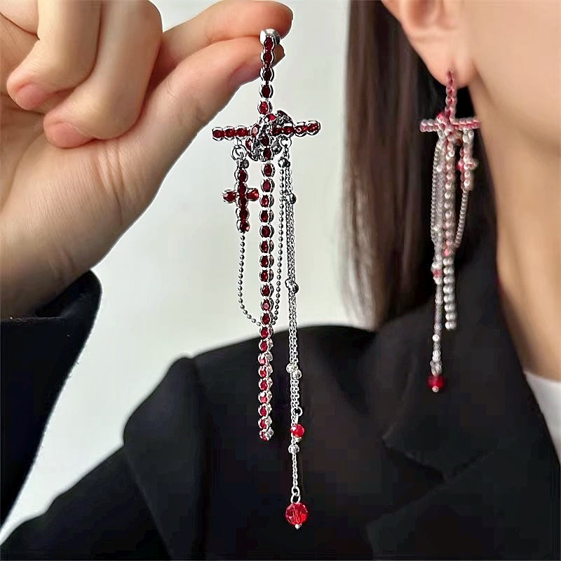 Wholesale Sweet and cool dark style cross fringe long earrings
