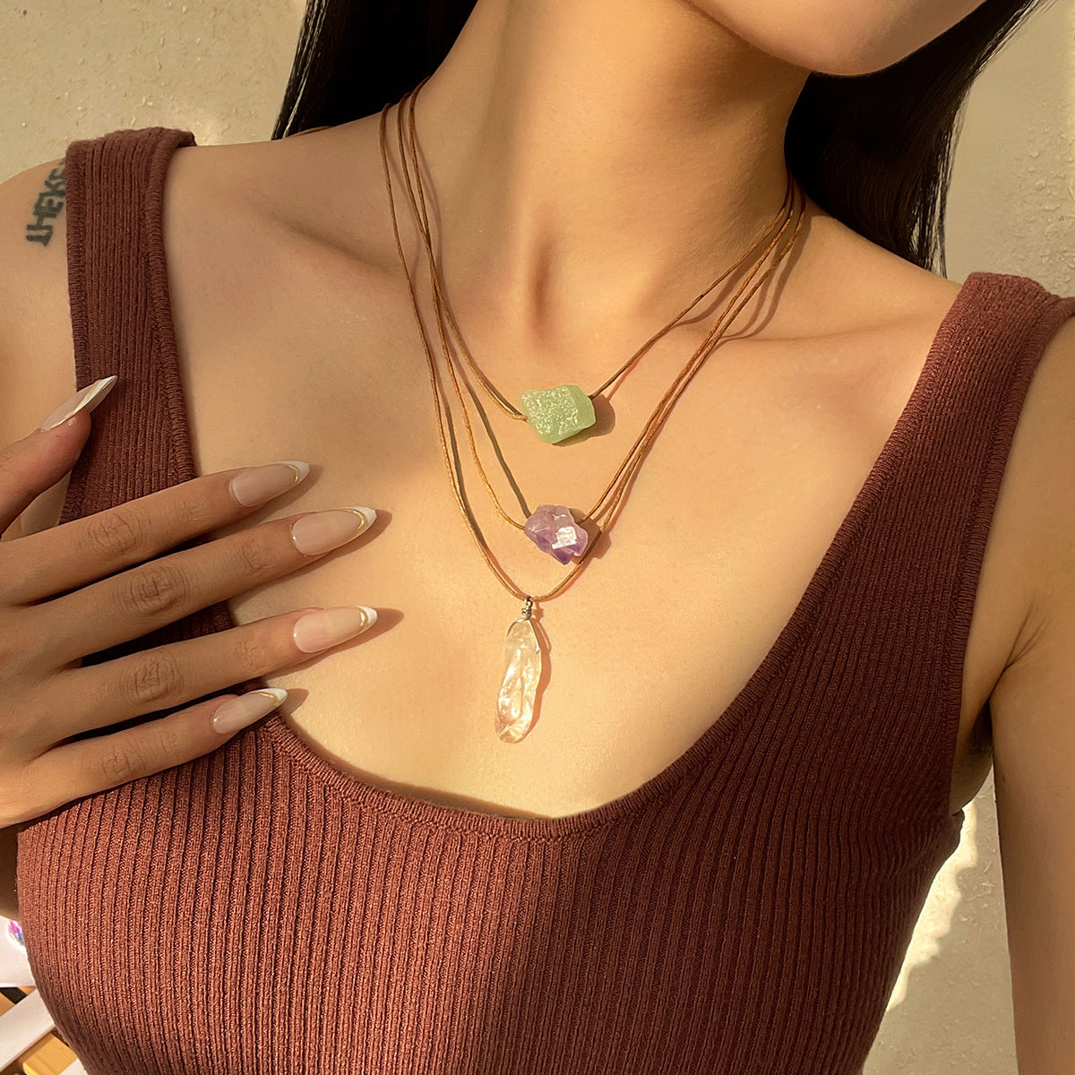 Wholesale Wax Wire Crystal Tassel Retro Ethnic Style Irregular Gravel Pendant Necklace