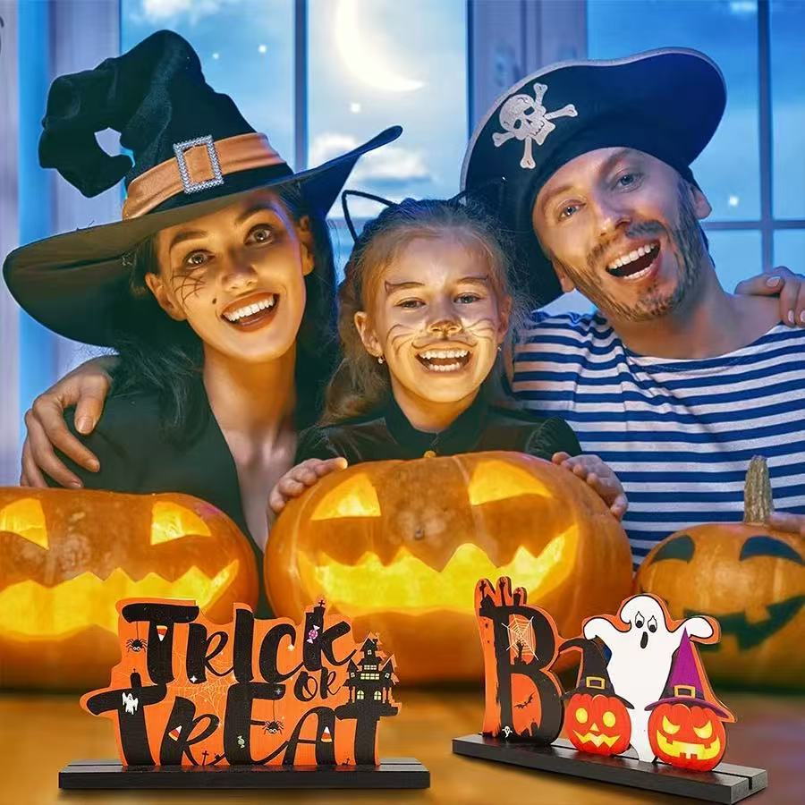 Wholesale 3pcs/pack black letter orange wooden ornaments with base