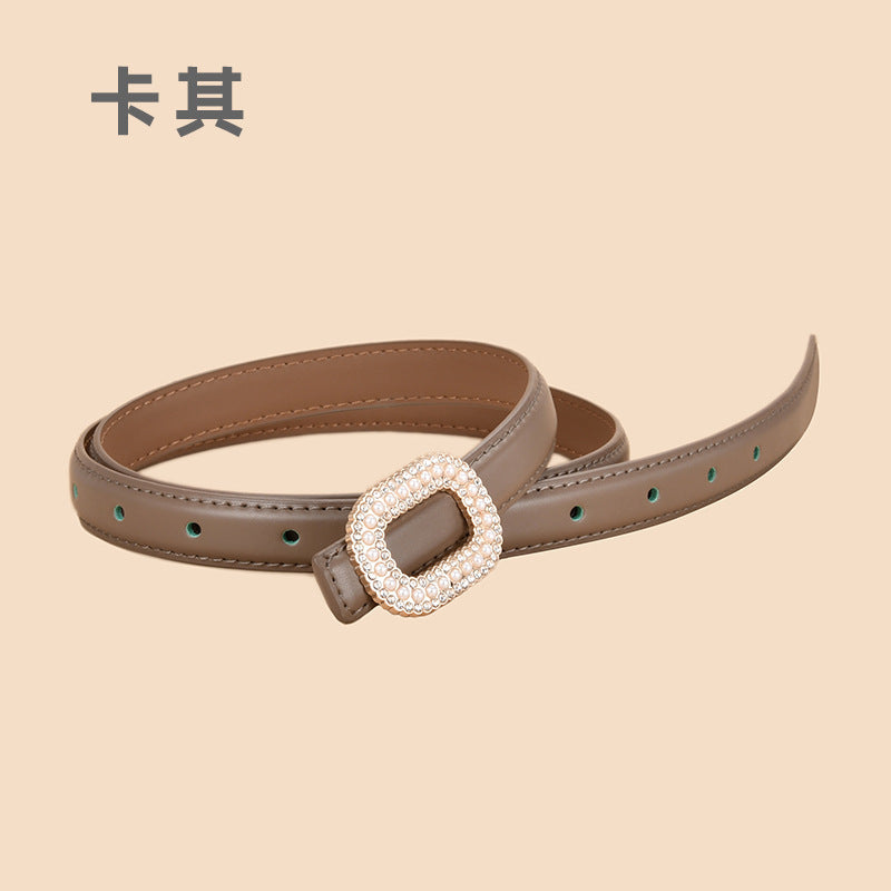 Wholesale Versatile Genuine Leather Belt with Round Buckle Inlaid with Pearls and Rhinestones