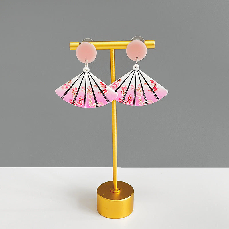 Wholesale Silver Needle Retro Cartoon Ink Painting Flower Fan Earrings