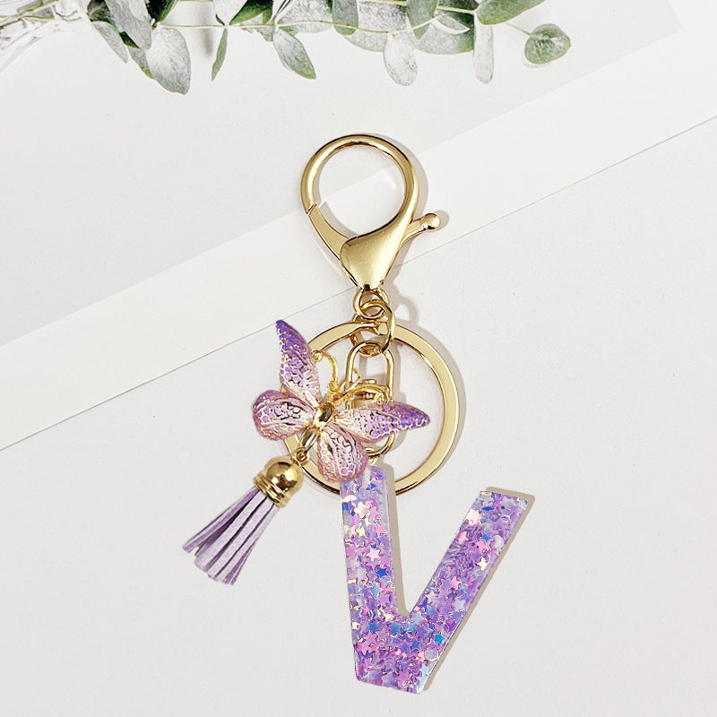 Wholesale Pink sequined butterfly 26 letter Sequin Keychain