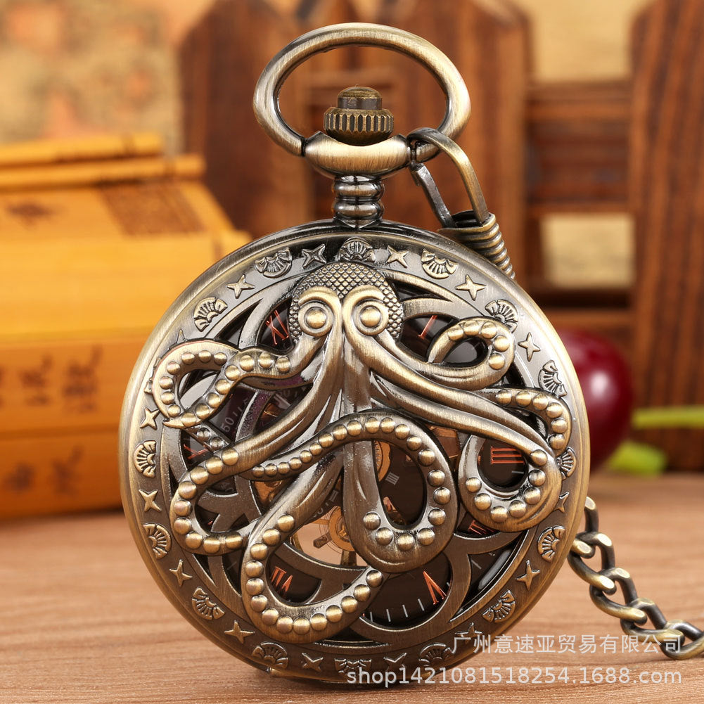 Wholesale Hot Pocket Watch Chinese Style Double Crane Play Bead Pattern Hollow Relief Octopus Manual Mechanical Large Pocket Watch