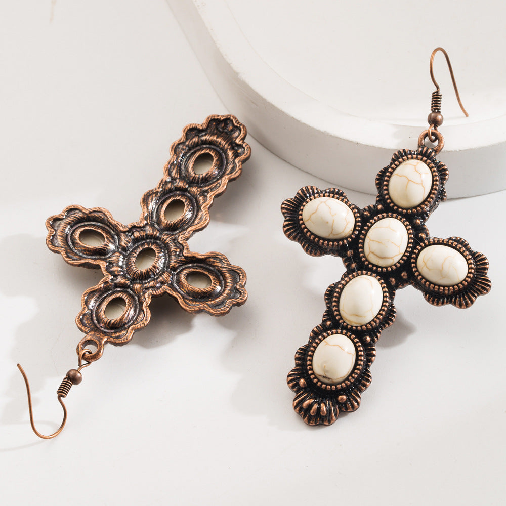 Wholesale Vintage cross inlaid turquoise earrings for women bohemian style