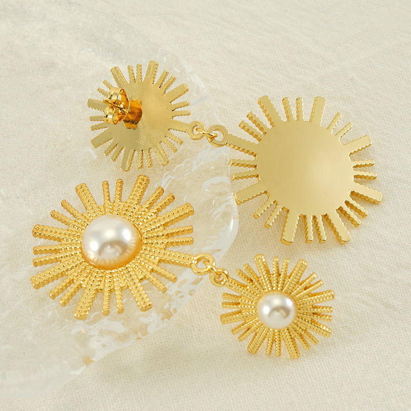 Wholesale Vintage Round Sunflower Pearl Titanium Steel Gold Plated Earrings