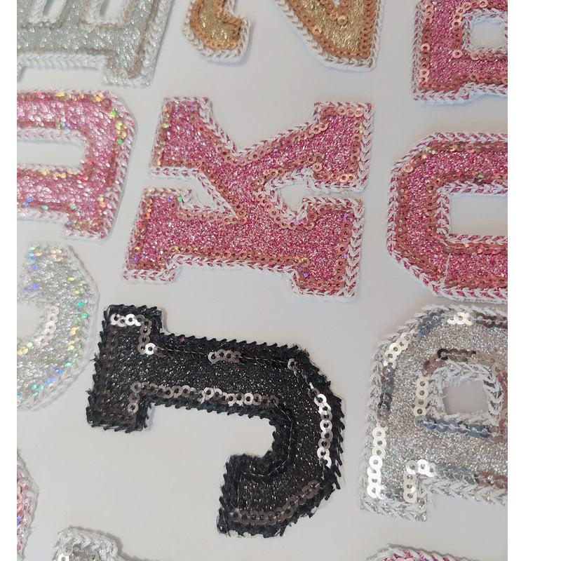 Wholesale 10pcs Pink English Alphabet Number Silver Number Embroidered Clothing Accessories Back Adhesive Patches FS