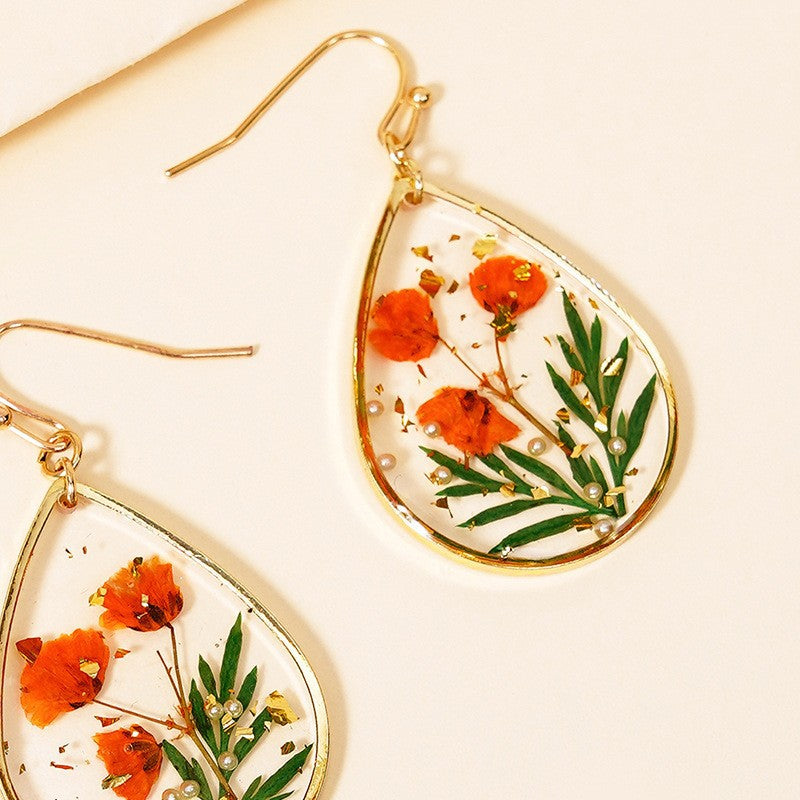 Wholesale Epoxy Leaf Eternal Red Dried Flower Earrings