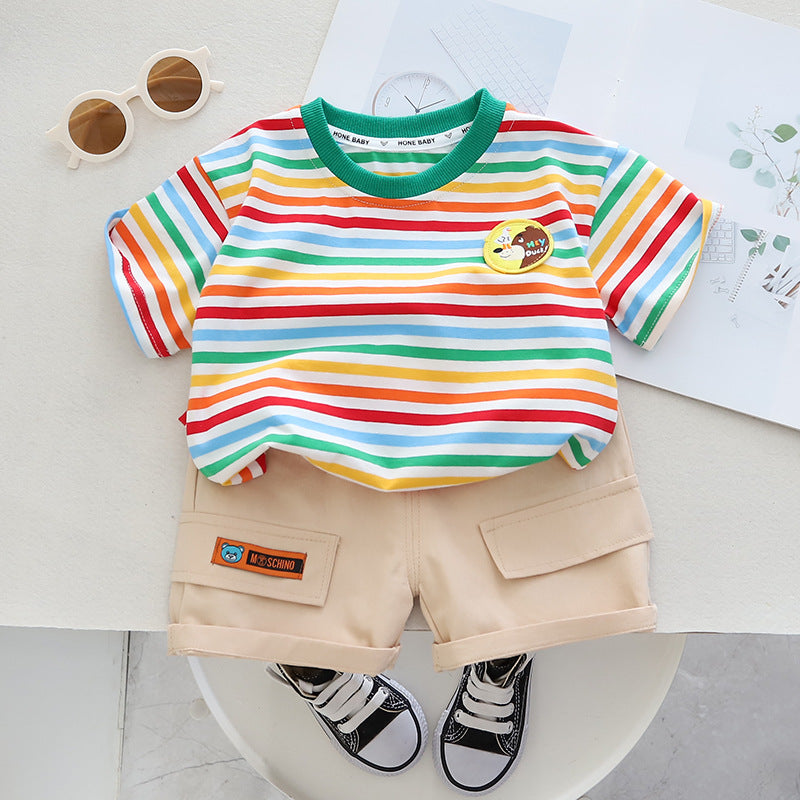 Wholesale Boys' Summer Striped Short Sleeved Work Shorts Cotton Two-piece Set