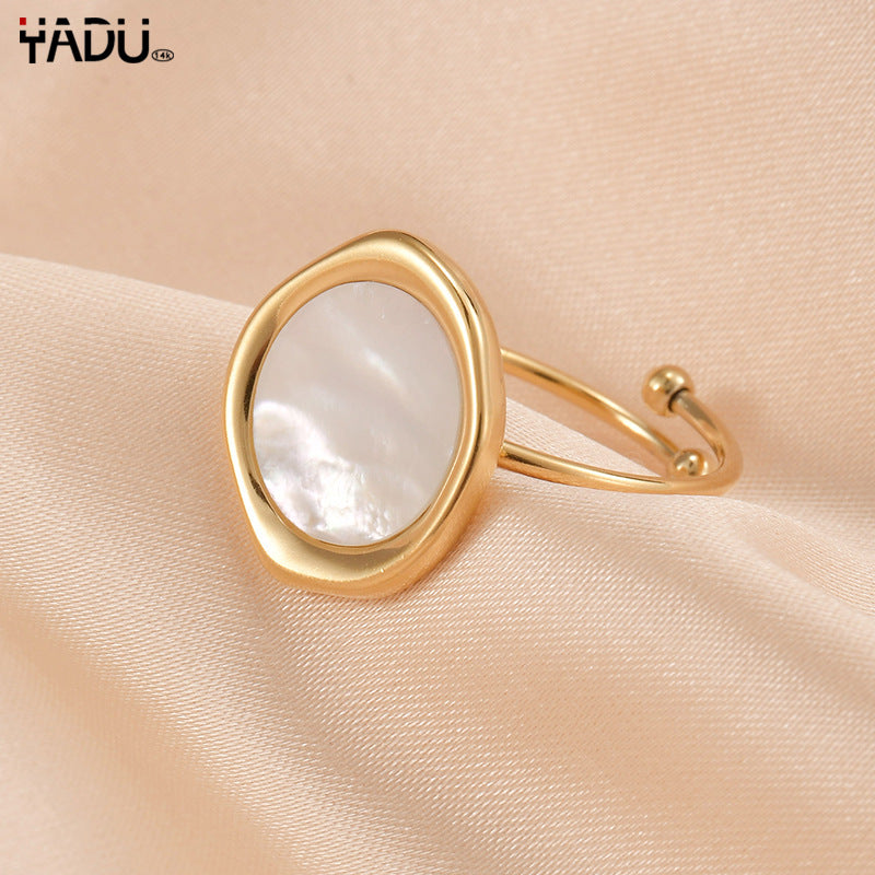 Wholesale Electroplated Stainless Steel Black And White Mother Of Pearl Irregular Geometric Ring Trendy Korean Style Boutique Resale Fashion Jewelry