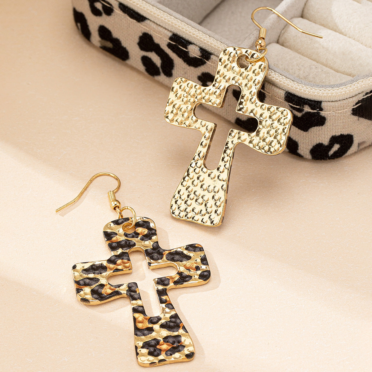 Wholesale Chic Leopard Print Cross Earrings For Women Geometric Hollow Stud Alloy Electroplated Boutique Resale