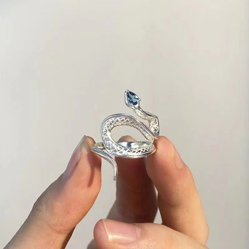 Wholesale sea blue topaz snake open ring creative niche design high sense ins cold wind ring