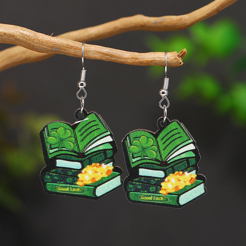 Wholesale Patrick's Day Four Leaf Clover Heart Owl Wooden Earrings