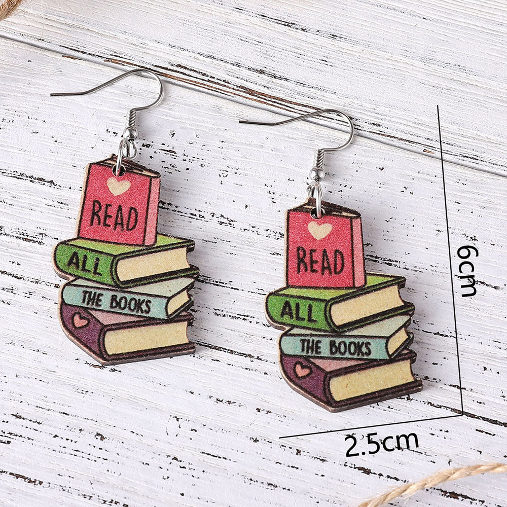 Wholesale 3D Love Textbook Double Sided Painted Wooden Earrings