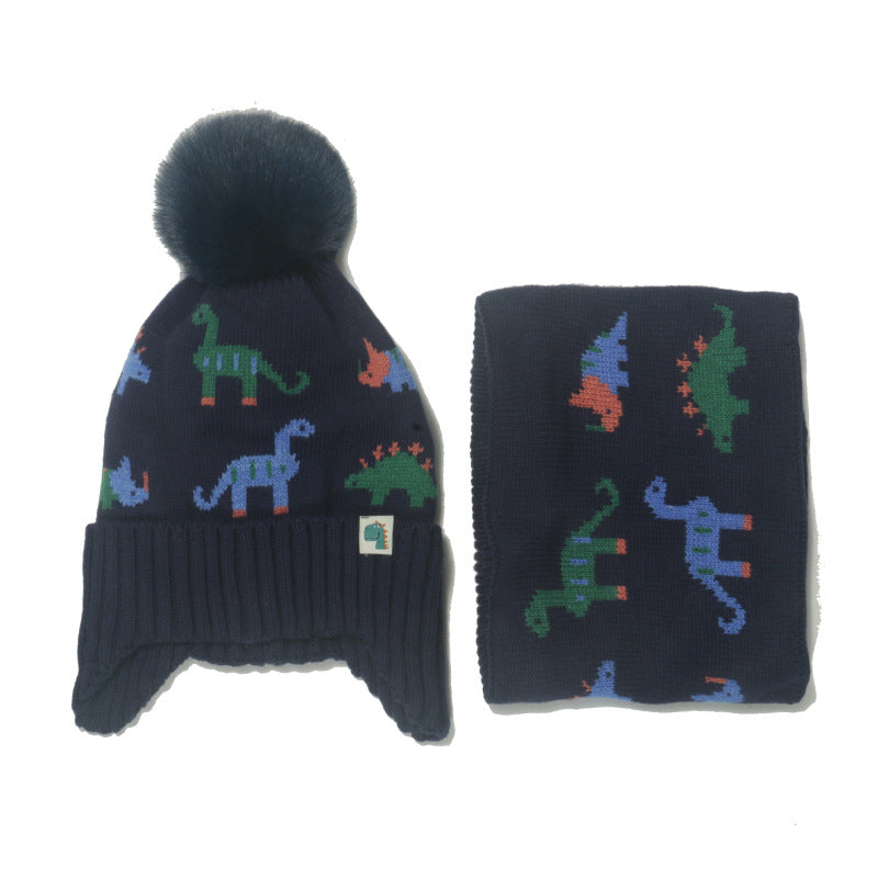 Wholesale Autumn and Winter Children's Dinosaur Plus Velvet Warm Acrylic Scarf and Hat Set of Two